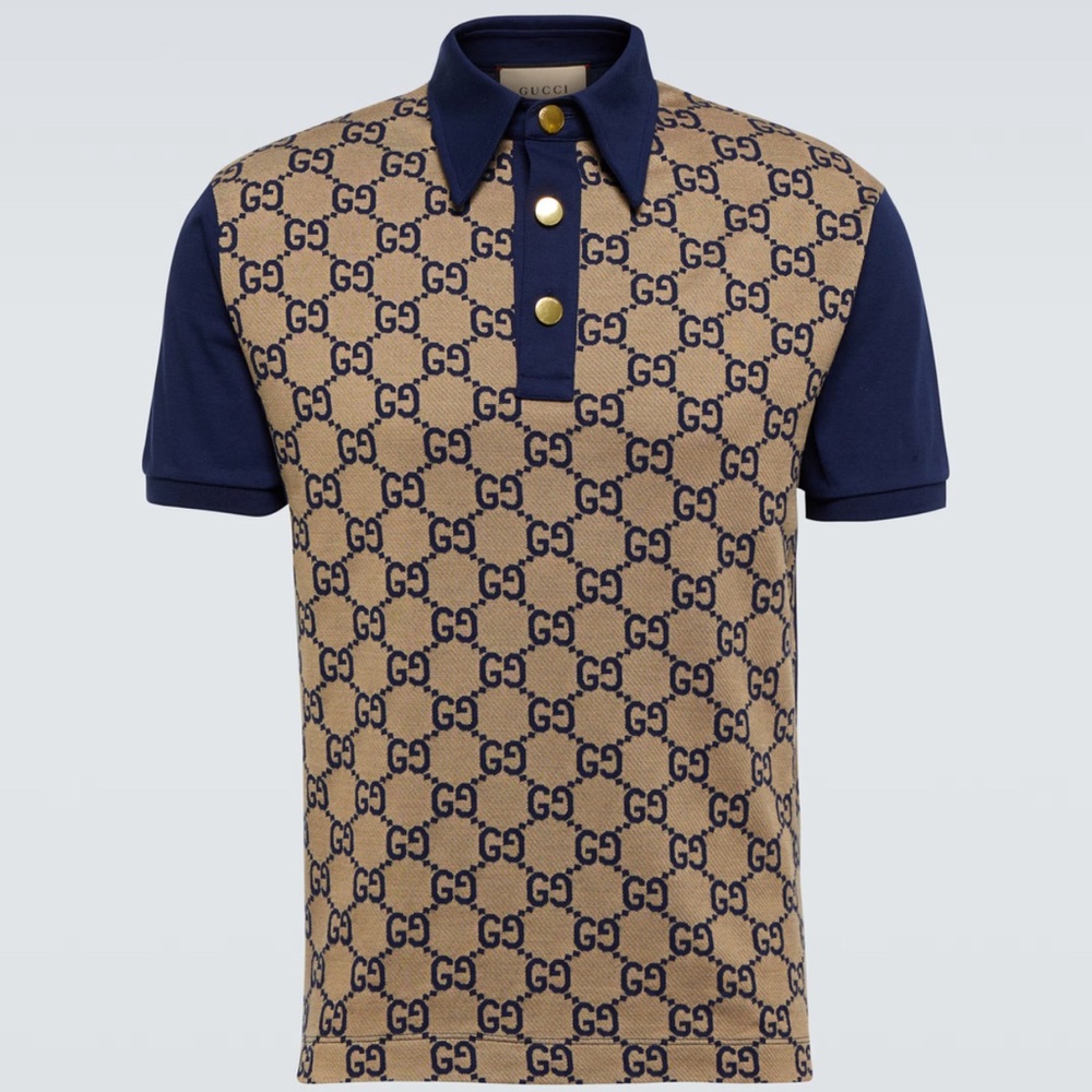 Gucci Casual Button Down Shirt in Blue and Tan with Logo Pattern